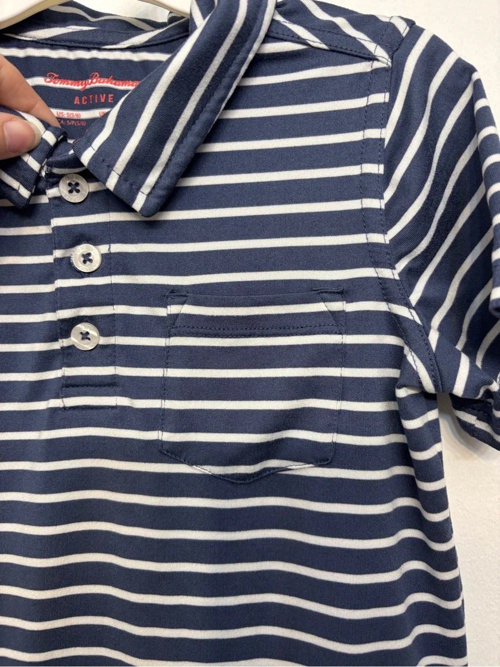 Tommy Bahama Active White & Blue Striped Short Sleeve Polo Boys Size Small 5/6